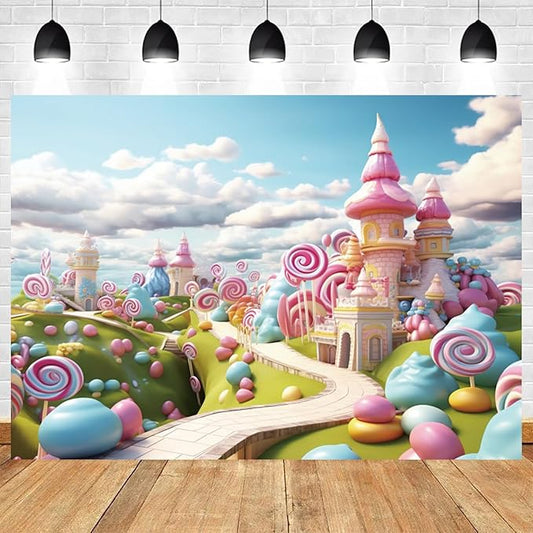 12x8ft Candyland Backdrop Fantasy Candy Castle Photography Background Sweet Lollipop Dream Blue Sky White Cloud Kids Birthday Banner Decorations Baby Shower Newborn Portrait Photo Booth Prop