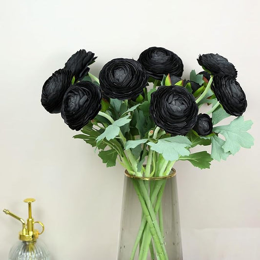 Artificial Ranunculus Flowers with Real Touch Stem,Silk Ranunculus Flowers (Black, 10)