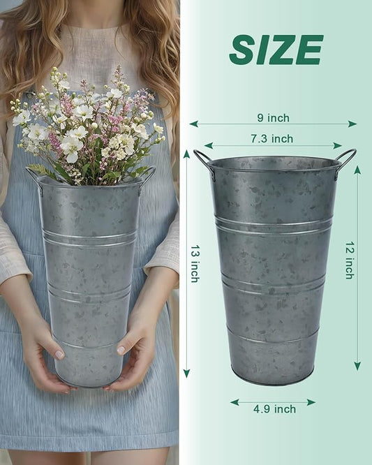 12 Inch Galvanized Metal Vases for Flowers - 6 Pcs Farmhouse Decorative Tall Flower Bucket with Handles, Rustic French Tin Planter Buckets for Wedding Decor (Galvanized Black)
