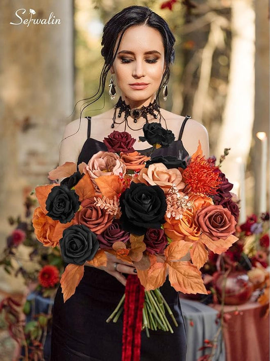 Serwalin Fall Flowers Vintage Orange & Black Artificial Flowers Halloween Black Wedding Flowers Combo for Wedding Bouquets Centerpieces Flower Arrangements Decorations
