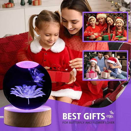 Butterfly Gifts for Women, 3.15in 3D Crystal Ball Lamp with Remote, Night Light, Butterfly Decor, Lamp Birthday Christmas Mother Day for Girls, Woman, Daughter