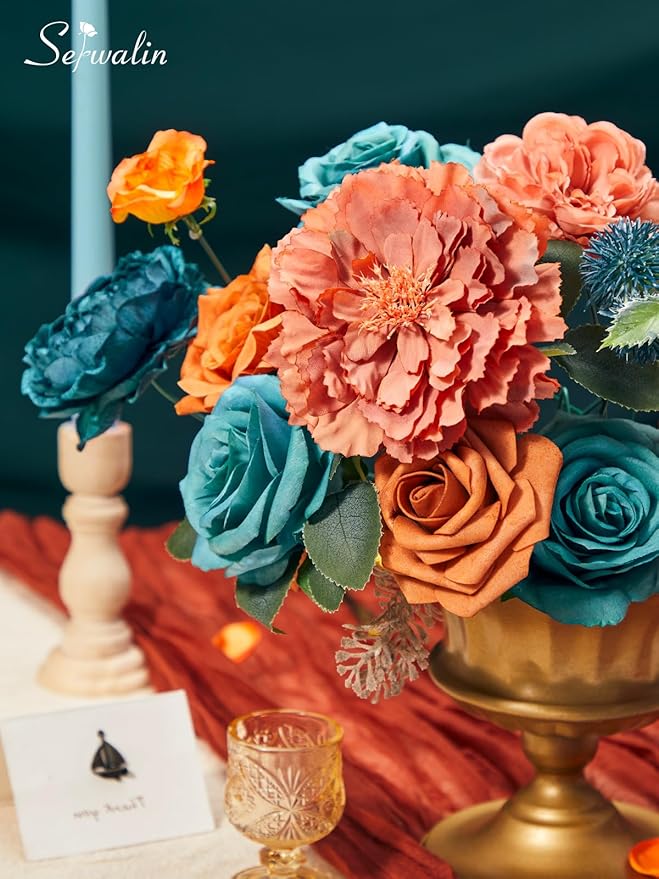 Serwalin Artificial Flowers, Teal Burnt Orange Silk Floral Centerpieces, Fake Flowers Bouquets Box Set for Wedding Bridal Baby Shower Party DIY Craft Home Cake Decoration