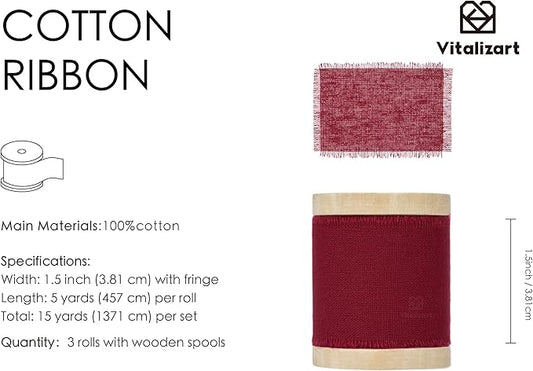 Vitalizart Burgundy Red Ribbon 1-1/2" x 15 Yd 100% Cotton Handmade Frayed Fringe Fabric Ribbons for Gift Wrapping Wedding Invites Bridal Shower Bouquets Christmas Decorations