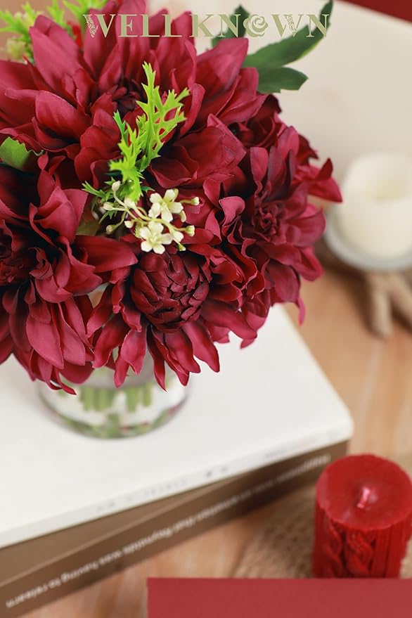WELL KNOWN Dahlia Artificial Flowers in Vase, Silk Faux Flower Arrangements in Vase with Faux Water for Dining Table Centerpieces, Home Decor, Thanksgiving Christmas Greeting Gift (Fuchsia Red)