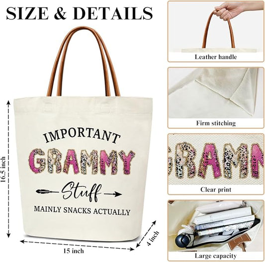 Canvas Tote Bag for Women, Important Stuff Bag with Leather Handle, Reusable Grocery Bags for Shopping Beach Travel