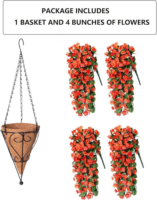HyeFlora Artificial Fake Hanging Flowers Plants Baskets for Winter Christmas Outdoor Outside, Faux Silk Orange Daisy in Planter UV Resistant Orchid for Home Porch Garden Yard Patio Decor