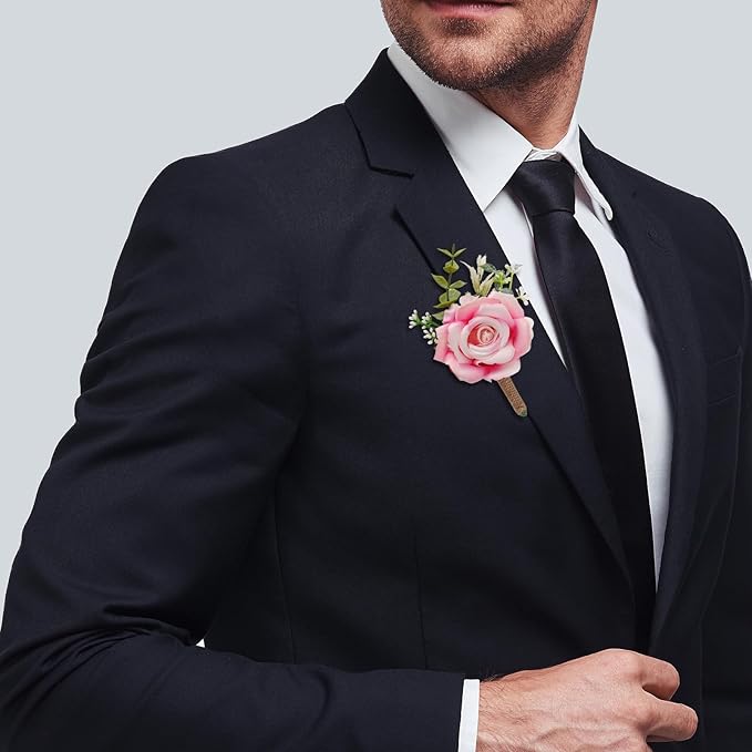 Pink Rose Boutonniere for Men Wedding Set of 6 Groom Groomsmen Best Man Artificial Flowers Boutonniere for Wedding Ceremony Anniversary Prom Flowers Formal Dinner Party (6, Gradient pink, Middle)