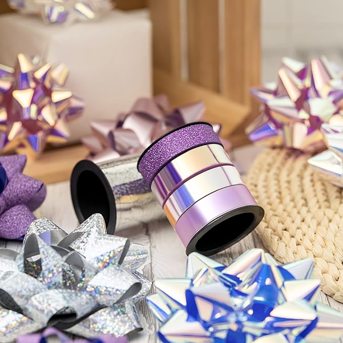 WRAPAHOLIC 14 Pcs Gift Bows Assortment - 12 Multi Colored Assorted Size Gift Bows (Purple, Pink, White, Rose Gold, Silver) and 2 Crimped Curling Ribbons, Perfect for Christmas, Holiday, Party