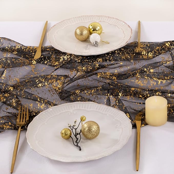 Socomi Gold Black Table Runner Christmas Gauze Sheer Chiffon Cheesecloth Sequin 10FT Glitter Metallic Foil Dining Wedding Birthday Party Fall Winter Anniversary Holiday Centerpiece Table Decor Black