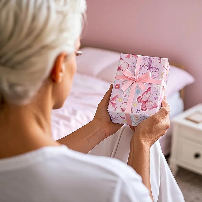 WRAPAHOLIC Pink Butterfly Wrapping Paper Roll - Mini Roll - 17 Inch x 33 Feet - Fantasy Floral Butterfly Design, Perfect for Birthday, Wedding, Bridal Shower