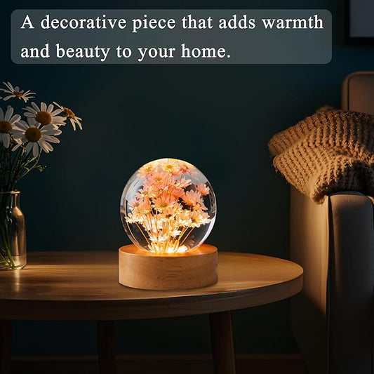 Daisy Decor Gifts,Daisy Flower Lamp Crystal Ball Night Light,2.4 Inch Glass Ball Lamp with LED Wooden Base,Soft Warm White Lighting for Women Best Friends Sister Birthday Xmas Aesthetic Gift(Red)