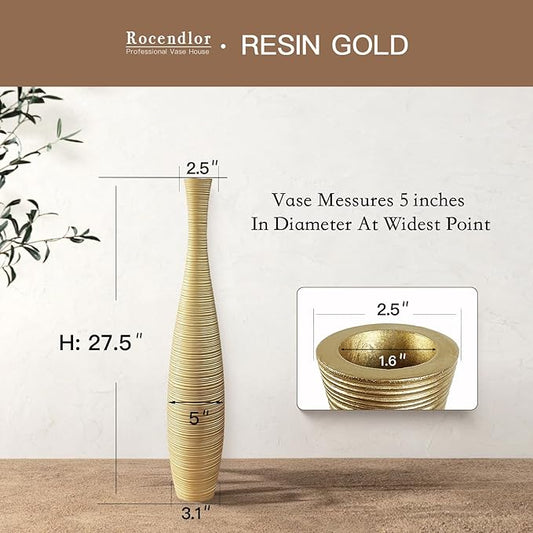 Tall Floor Vase, Large Vases for Rustic Home Decor Modern Farmhouse, Sturdy, Luxury, Textured, Vessel for Decorative Branches Dried Flowers, 27.5 inches Floor Vase for Decor, Gold Vases
