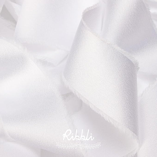 Ribbli White Silk Satin Ribbon 1.5 Inch x 12 Yard Handmade Frayed Chiffon Ribbon with Wooden Spool for Gift Wrapping, Wedding Invitations, Bridal Bouquets, Home Decor