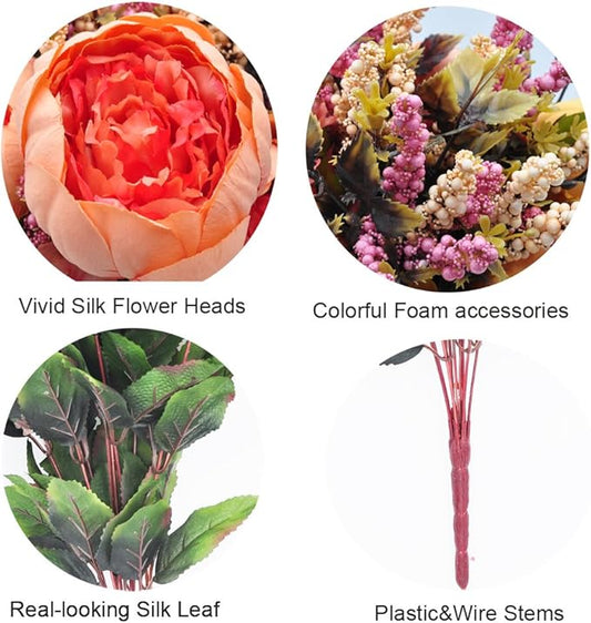 1pcs Artificial Peony Bouquet,19 Inch Silk Peony Bunch with 7 Faux Flowers,Classical Style Artificial Flowers with Leaves and Ornaments for Wedding,Home Décor Centerpieces(Orange)