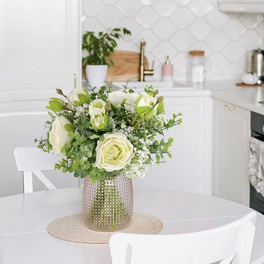 DEEMEI Artificial Babys Breath Flowers Silk White Peony Roses Eucalyptus Leaves Wedding Bridal Bouquets for Table Centerpieces (2 Bundles)