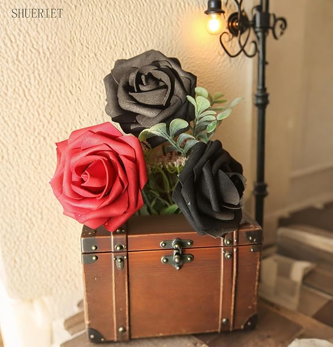 Dark Red Artificial Roses 25pcs, Real Looking Fake Foam Flowers with Stems for DIY Wedding Bouquets, Centerpieces, Valentine's Day, Christmas Tree Decoration