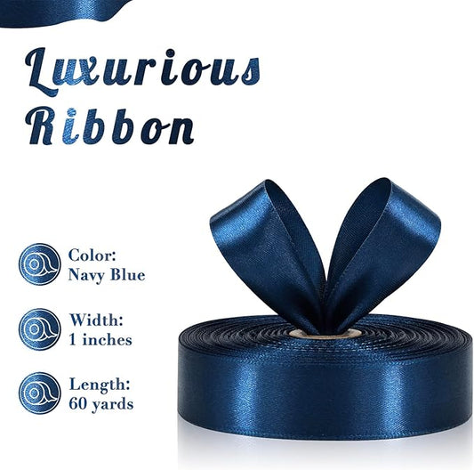 Navy Blue Ribbon 1 Inch 60 Yards, Dark Blue Satin Ribbon for Flower Bouquet, Graduation Lei, Crafts, Gift Wrapping, Baby Shower, Christmas and Wedding