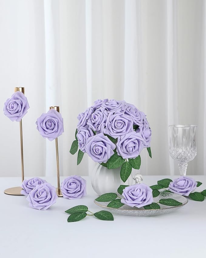 DuHouse 50Pcs Artificial Roses Flowers Fake Roses with Stems Real Touch Foam Flowers for DIY Wedding Bouquet Baby Shower Centerpiece Floral Arrangement Party Home Decor(Lilac)