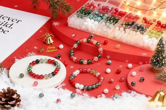 DUQGUHO Christmas Beads, Christmas Beads for Jewelry Making, 8mm Red Green White Round Glass Beads Kit 360PCS