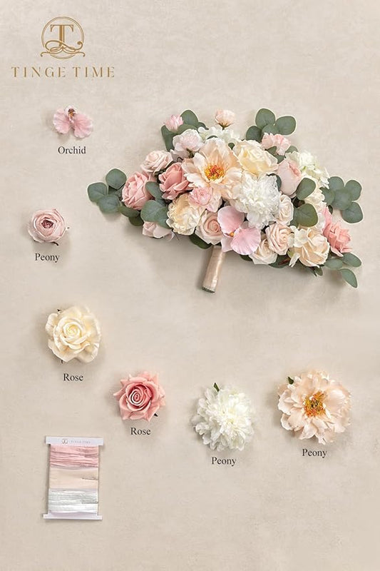 TINGE TIME 17 Inch Artificial Bridal Bouquet Realistic Silk Wedding Bouquet, Durable Fake Flowers for Brides, Bridesmaids, Home Decor, and Events (Champange&Pink)