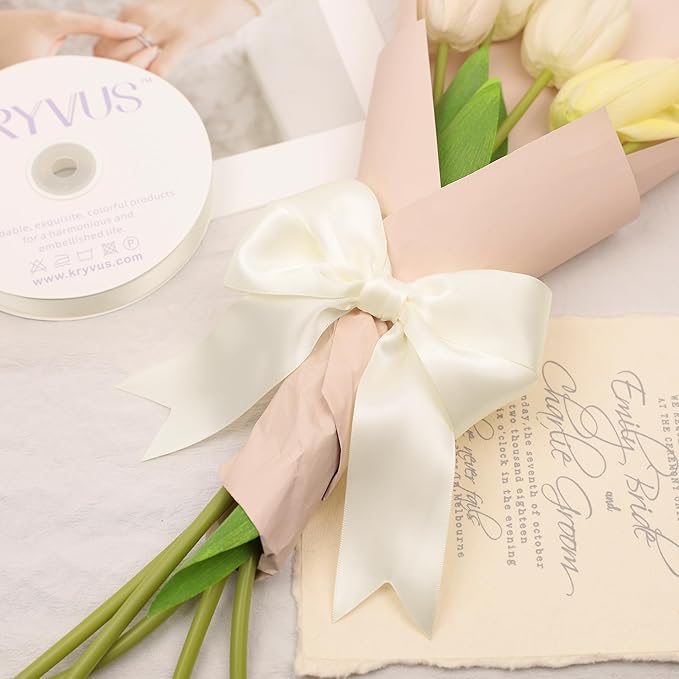 Cream Satin Ribbon, Double Faced 1-1/2 Inch X 50 Yards Cream Ribbon, Premium Satin Ribbon for Gift Wrapping, Crafts, Hair Bow Making, Sewing, Flower Bouquet, Wedding Party Decor