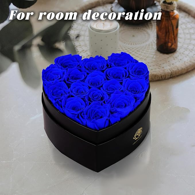 16-Piece Forever Flowers Heart-Shaped Box – Real Immortal Preserved Roses Lasting a Year, Perfect for Birthday, Girlfriend, Mother, or Wife, Valentine Day Gift for Her - Blue