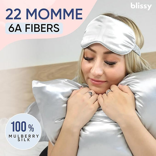Blissy Silk Pillowcase - 100% Pure Mulberry Silk - 22 Momme 6A High-Grade Fibers - Silk Pillow Cover for Hair & Skin - Regular, Queen & King (Silver, King)