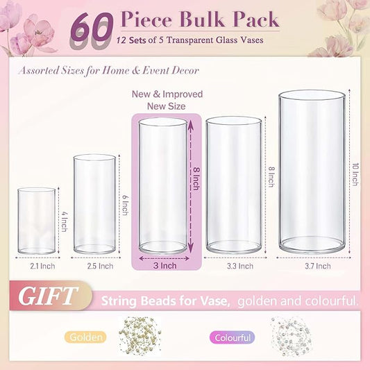 60pcs New & Improved Glass Vase Cylinder Vases for Centerpieces Small Flower Glass Clear Vases Home Decor Centerpiece Table Flower Vase Decorations for Wedding Decoration&Holiday Mixed Sizes Tall