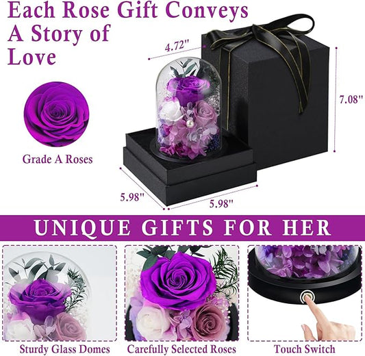 FIACO Gifts for Women Preserved Rose Forever Flower in Glass Dome Fresh Flowers for Delivery Prime Mothers Day Birthday Gifts for Mom Grandma Wife Sister Purple Roses