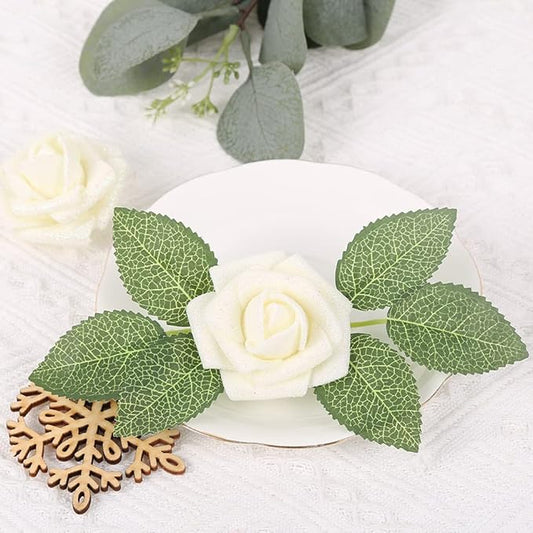 IPOPU Glitter Roses,50pcs Glitter Flowers Foam Rose with Stem for DIY Wedding Bridal Bouquet Home Party Christmas Decoration(Ivory)
