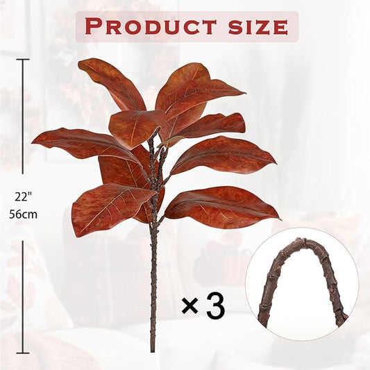 Briful Artificial Magnolia Leaves Stems 3 Pack 22in Orange Fake Magnolia Branches for Vase Fall Leaves Stems for Home Room Arrangements Centerpieces Thanksgiving Décor (Vase Not Included)