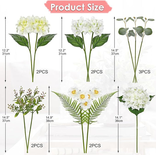 Hydrangea Artificial Flowers 12PCS White Faux Flowers Fake Hydrangea Daisies Silk Arrangements Realistic Fake Flowers for Vase Floral Centerpiece Arrangements Wedding Bridal Bouquet Party Home Decor