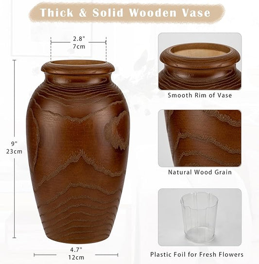 9" Tall Handmade Wooden Flower Vase, Large Wood Vase Decoration for Flower Arrangement Home Decoration