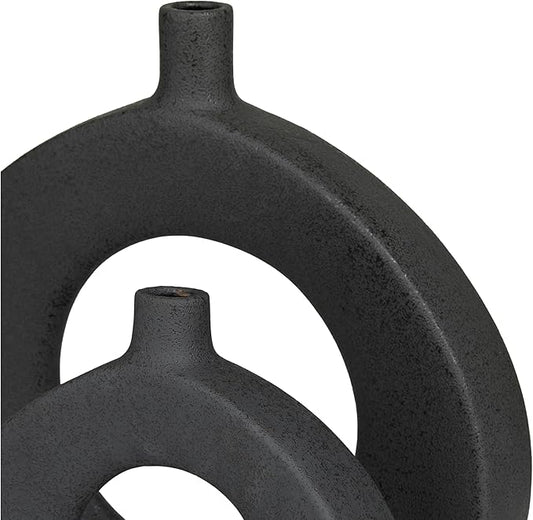 CosmoLiving by Cosmopolitan Ceramic Decorative Vase Round Donut Shaped Centerpiece Vases, Set of 2 Flower Vases for Home Decoration 15", 10"H, Black