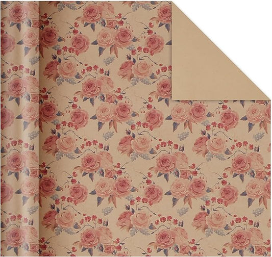 Aimyoo Pink Rose Floral Kraft Wrapping Paper Roll, All Occasion Vintage Flower Gift Wrap for Wedding Birthday Bridal Shower, 17 inch x 60 ft