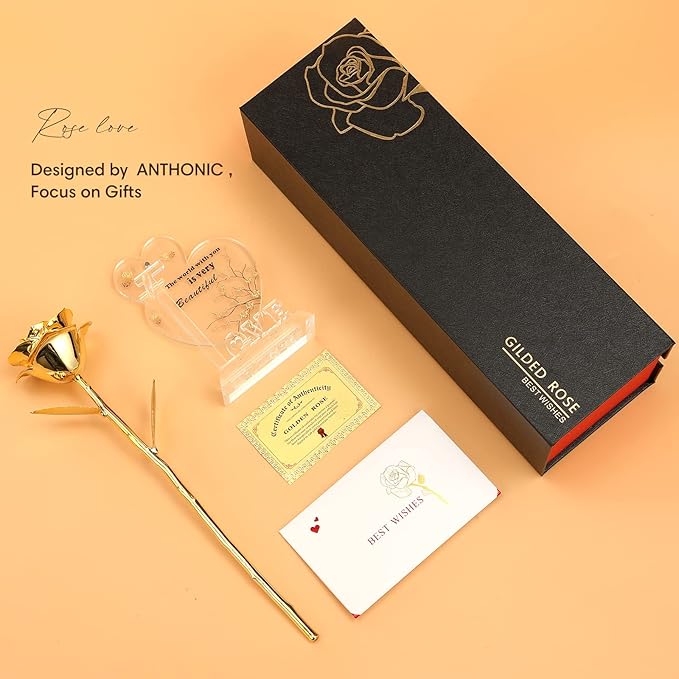 Gold Dipped Rose Real 24K Gold Rose, Genuine One of a Kind Rose Hand Dipped in 24K Golden Roses Romantic Gifts for Women in Her Birthday Anniversary Day Mothers Day