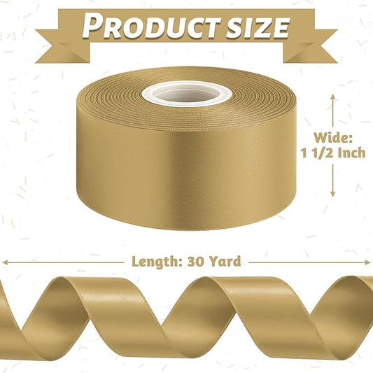 Fullive 1 1/2 Inch Champagne Gold Ribbon, 30 Yards Satin Ribbon, Polyester Satin Christmas Ribbon for Wedding Xmas Tree Graduate New Years Decorations DIY Bows Bouquet Gift Wrapping Christmas Favors