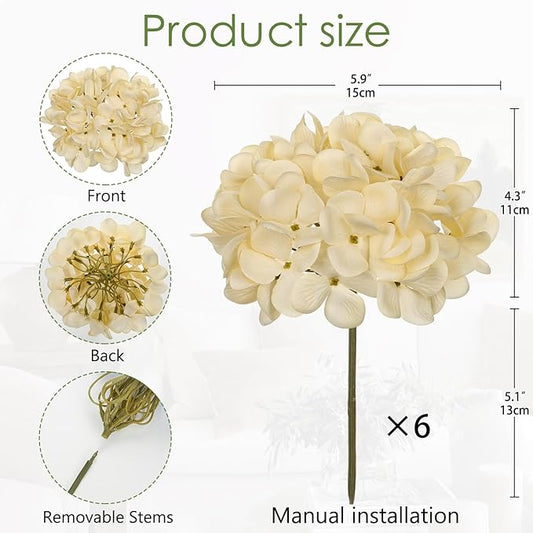 Hollyone 6 Pcs Beige Hydrangea Artificial Flowers Heads with Stems Silk Faux Hydrangea Champagne Fake Flowers for Home Indoor Outdoor DIY Floral Wedding Flower Bouquets Kitchen Table Centerpiece Decor