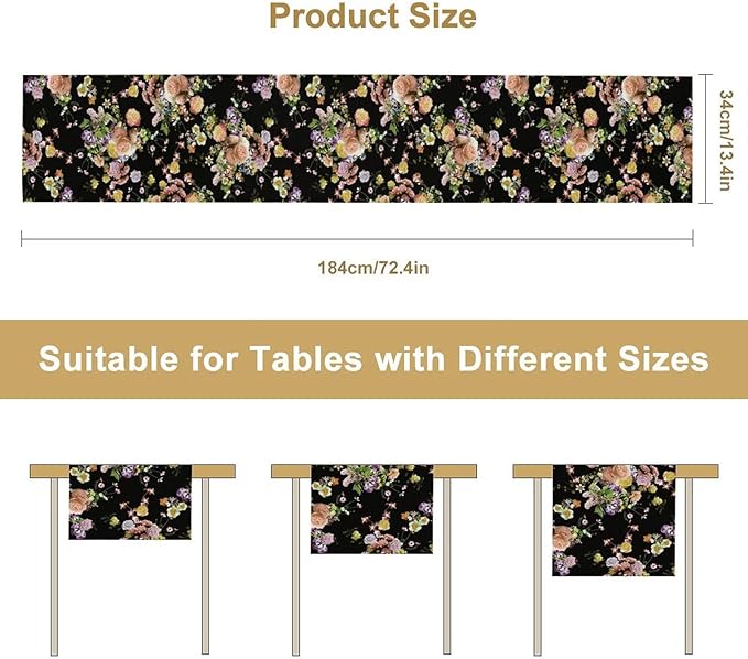 Vintage Floral Table Runner,Gothic Retro Flowers Spring Summer Seasonal Table Runner for Home Kitchen Table Dining Indoor Outdoor Party Decor 13x90 Inch