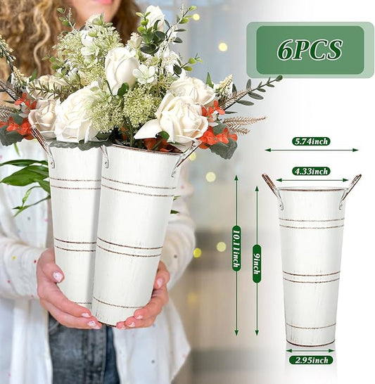 9 Inch High Galvanized French Bucket Vase with Handle 6Pcs White Metal Farmhouse Flower Vases Ideal for Dried Floral Arrangements at Home for Weddings Gift Spa and Aromatherapy Settings O4