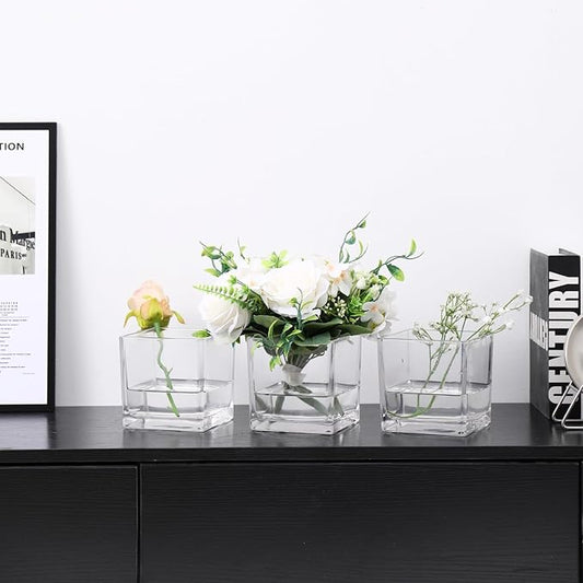 Square Glass Vases Set of 4, 5" x 5" x 5" Clear Flower Vases for Centerpieces, Square Vase for Flowers, Small Vase for Wedding, Party, Home Office Decoration