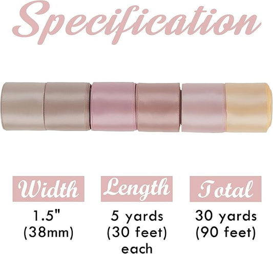 HUIHUANG Rose Pink Ribbon 1-1/2" Dusty Rose/Rose Gold/Rose Pink/Rosy Mauve/Vanilla/Peach Satin Ribbons for Wedding Flower Bouquet Bows Bridal Gift Wrap and Crafts- 6 Rolls, Total 30 Yards