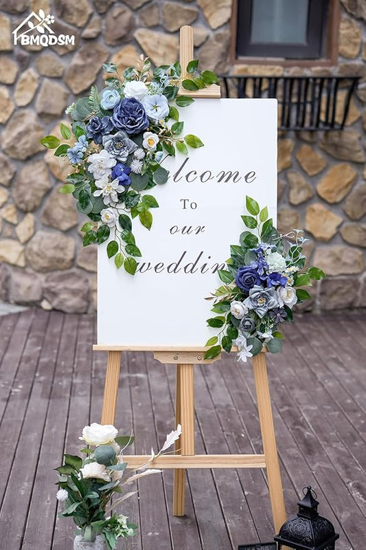 Wedding Welcome Signs Floral(Pack of 2),Wedding Arch Flowers for Wedding Decorations and Reception Backdrop Decoration (Blue)