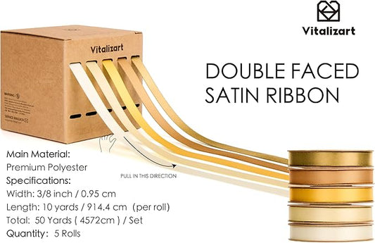 Vitalizart Gold Ribbons for Crafts 3/8" x 50 Yd Yellow Satin Ribbon Champagne Double Face Gift Wrapping Silk Like Fabric Flower Bouquet Birthday Party Decorations Bridal Shower Wreath Hair