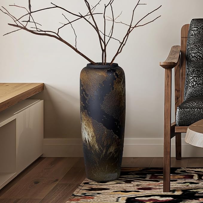 Rustic Ceramic Tall Floor Vase,19.7 Inch Black Large Pottery Farmhouse Decor Floor Vase for Living Room Entryway Table Centerpiece Decor,Vintage Terracotta Vases,Wedding Gift
