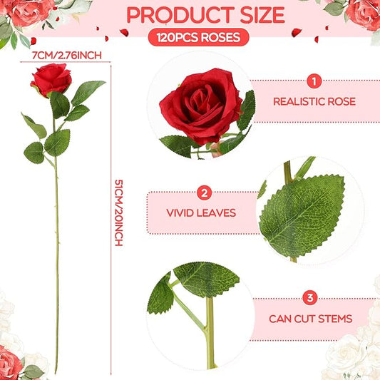 Hotop 120 Pcs Roses Artificial Flowers in Bulk,Long Stem Artificial Flower Bouquet,Silk Real Touch Fake Rose for Wedding Party Table Centerpieces Decor Valentines Gifts(Red)