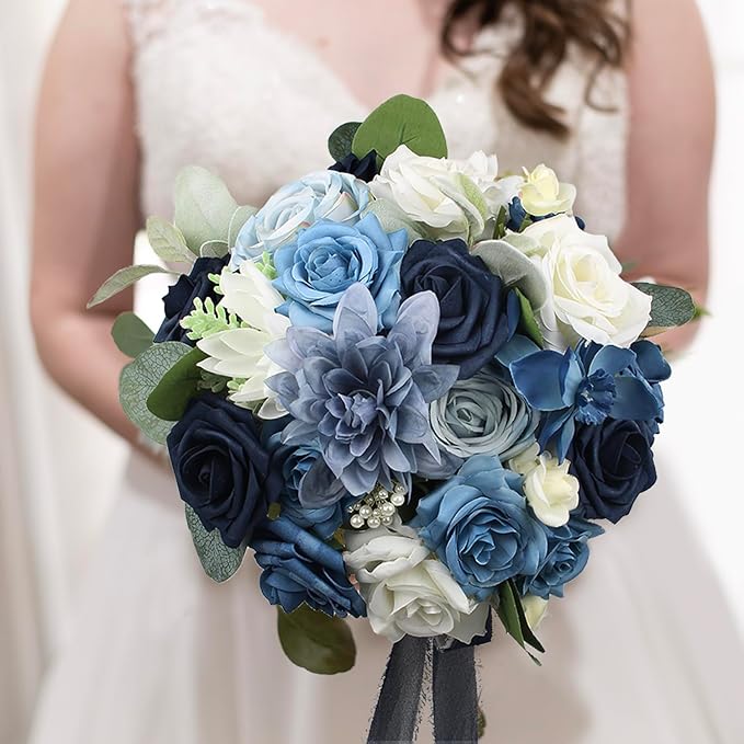 Rinlong 10.6 Inch Wedding Bouquets for Bride Navy Blue Bridal Bouquet for Wedding Artificial Flowers Silk Bouquet