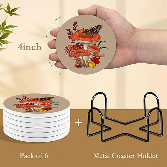 Drink Coasters Set of 6,Mushroom Coffee Cup Mat with Storage Holder, Durable Ceramic Coaster Set for Hot & Cold Beverages