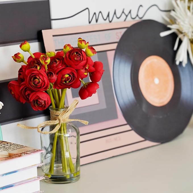 Ranunculus Artificial Flowers with Vase, 2 Pack - 8 Pcs Faux Silk Ranunculus Flower in Vase, Small Flowers Arrangements for Home Decor Indoor, Table Centerpiece. (Red)