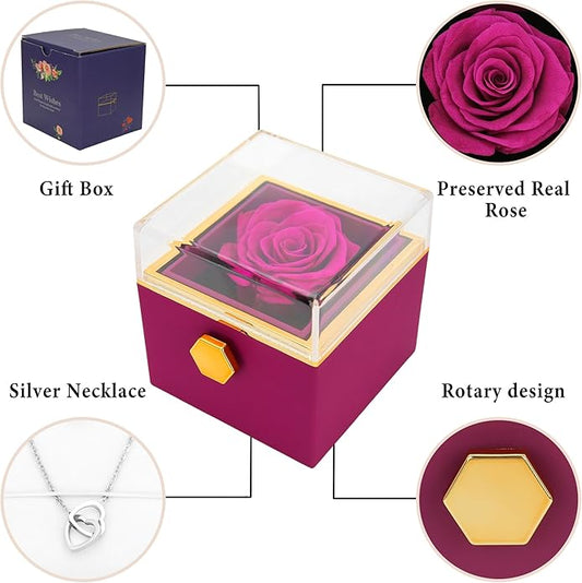 TINGKU Eternal Real Rose Gift Box for Women, Preserved Rose with Customized Name Engraved Heart Necklace, Personalized Romantic Gift for Wife, Girlfriend, Mom, Mother's Day Love Keepsake